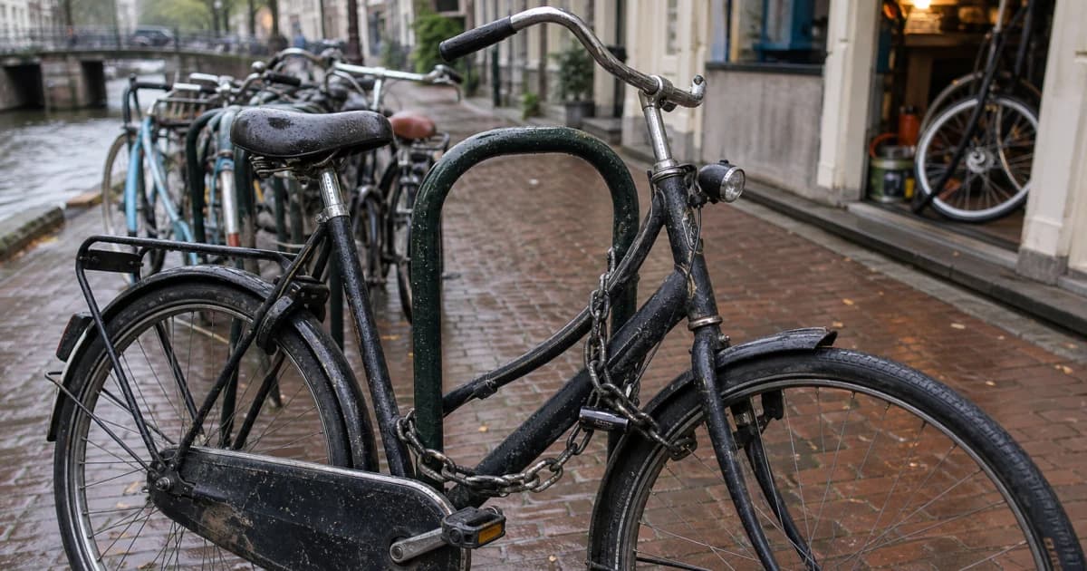 Een Nederlandse stadsfiets met een kettingslot vastgezet aan een fietsenrek langs een gracht