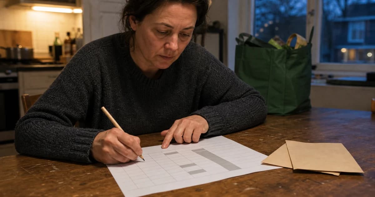 Een keukentafel met een budgetblad, rekenmachine, euromunten, boodschappen en huishoudelijke rekeningen