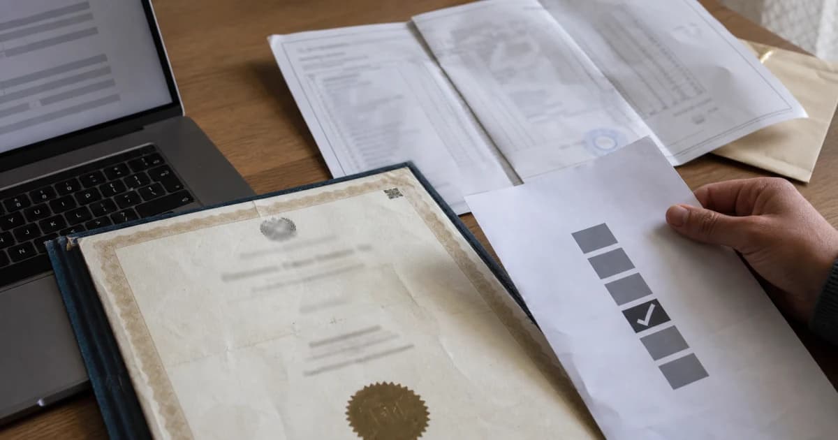 Een buitenlands diploma, cijferlijst en identiteitsbewijs naast een laptop met de Nederlandse route voor diplomawaardering