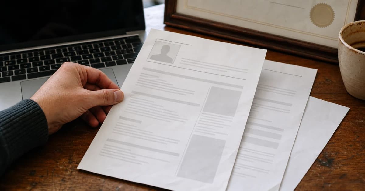 Een bureau met een beknopt cv, een sollicitatieformulier en een buitenlands diploma naast een laptop