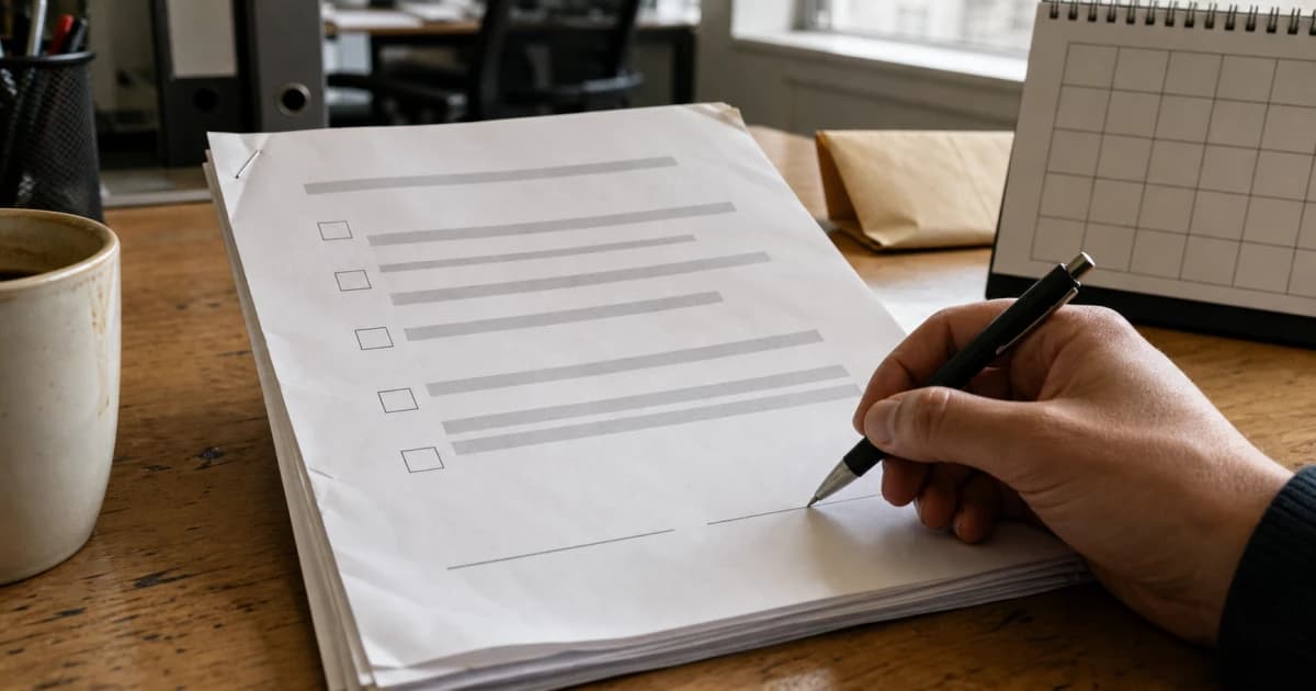 Een arbeidscontract, pen, loonstrook en kalender op een bureau