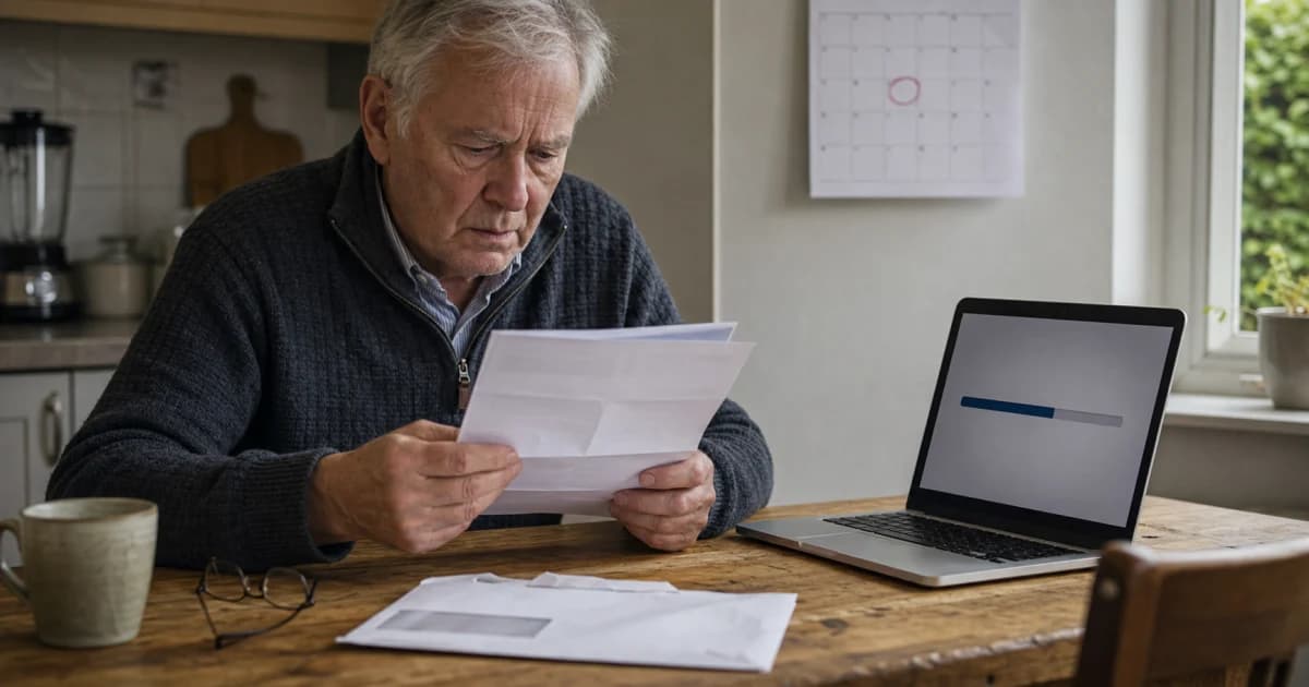 Iemand controleert een AOW-brief en pensioenoverzicht naast een laptop en kalender