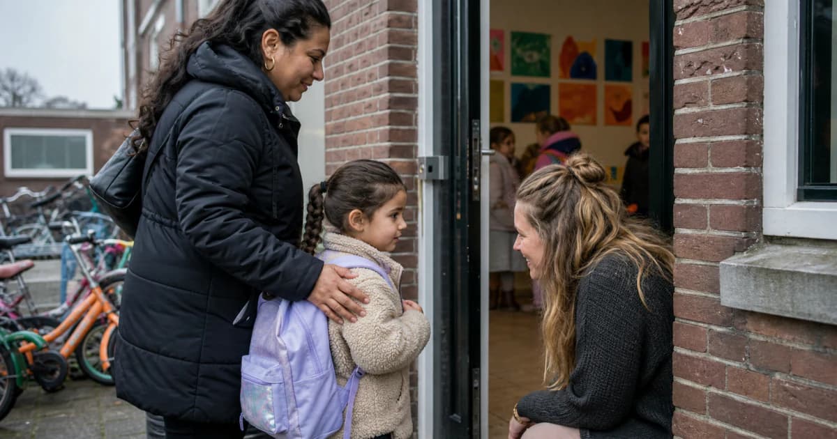 Een ouder en kind bij de ingang van een Nederlandse basisschool, waar een leerkracht hen begroet en fietsen op het schoolplein staan