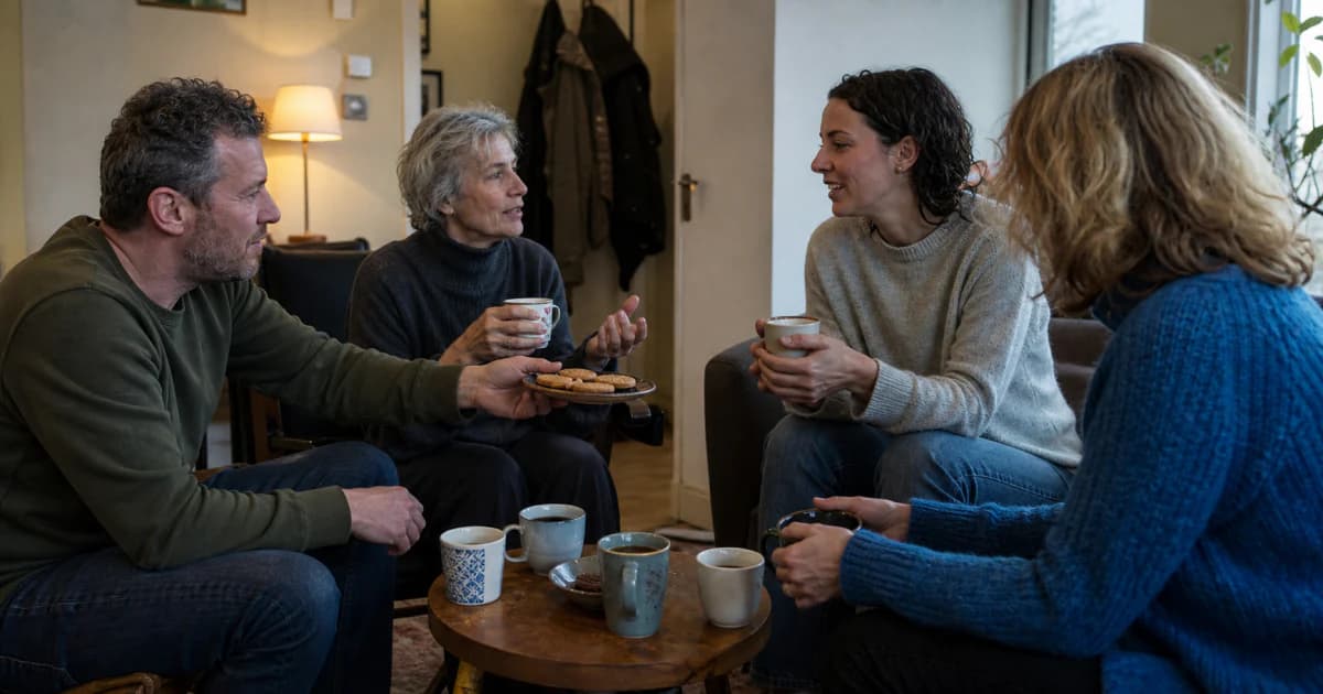 Gasten praten bij de koffie op een verjaardagsbijeenkomst in een woonkamer, met koekjes op tafel en een wandkalender op de achtergrond
