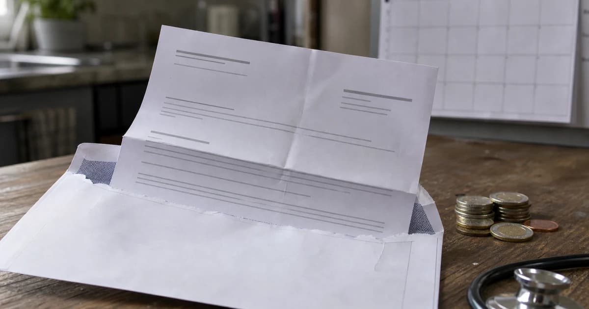 Een zorgverzekeringsrekening en een geopende envelop op een keukentafel, naast een wandkalender die één jaar toont en een klein stapeltje munten