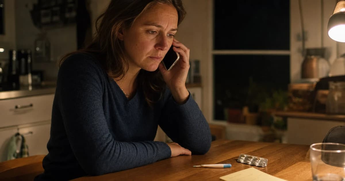 Een telefoon naast het nummer van de huisartsenpost, een thermometer en medicijnen in de avond