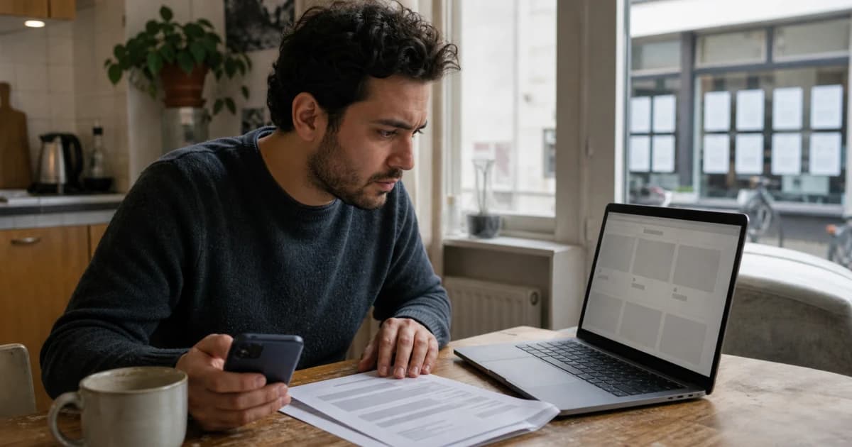 Een werkzoekende vergelijkt een vacature, een cv en de website van een uitzendbureau voordat die solliciteert