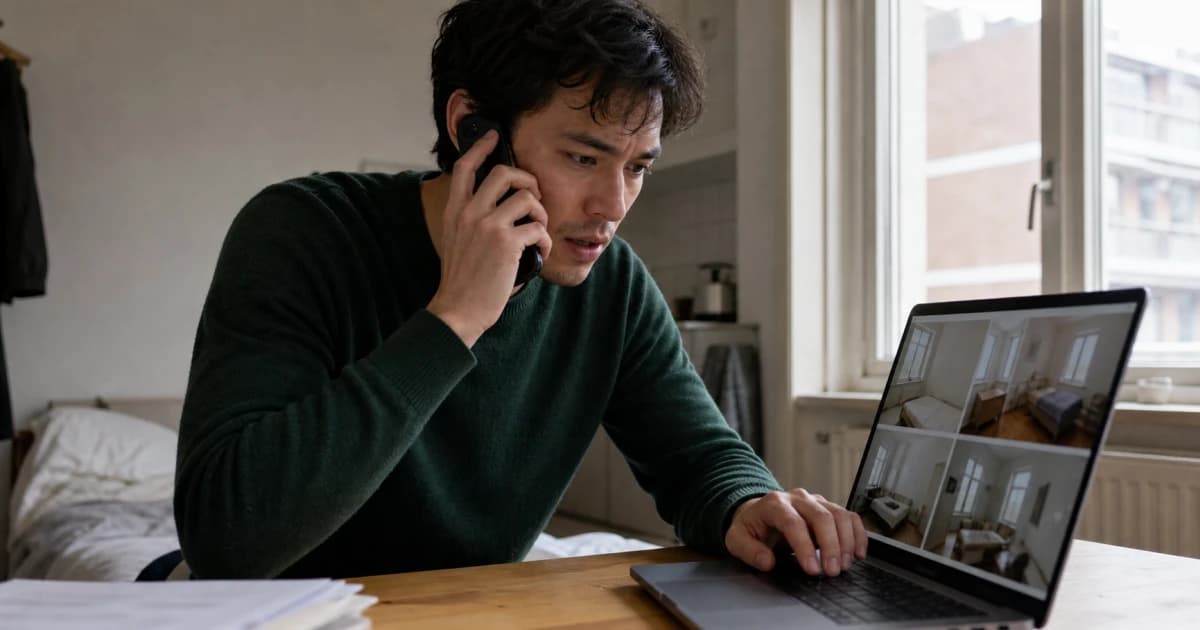Een huurzoektocht op een laptop naast beschermde documenten, een bezichtigingslijst en huissleutels