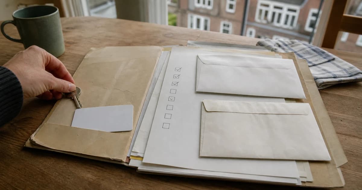 Een bureau van een nieuwkomer met een verblijfskaart, officiële brieven van de gemeente en een laptop met een aankomstchecklist