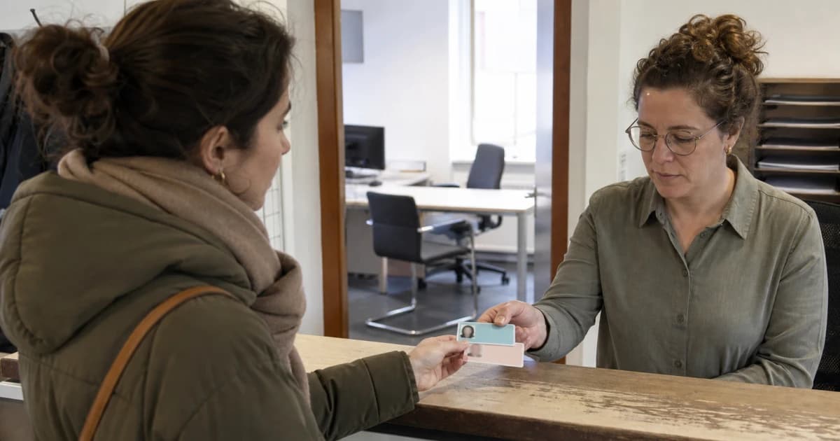 Een patiënt geeft identiteits- en verzekeringsgegevens aan een assistent in een Nederlandse huisartsenpraktijk