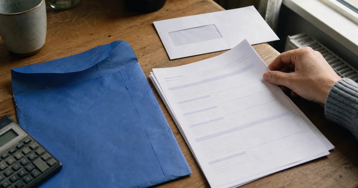 Een blauwe envelop van de Belastingdienst naast een laptop met Mijn Belastingdienst, een jaaropgaaf, paspoort en rekenmachine