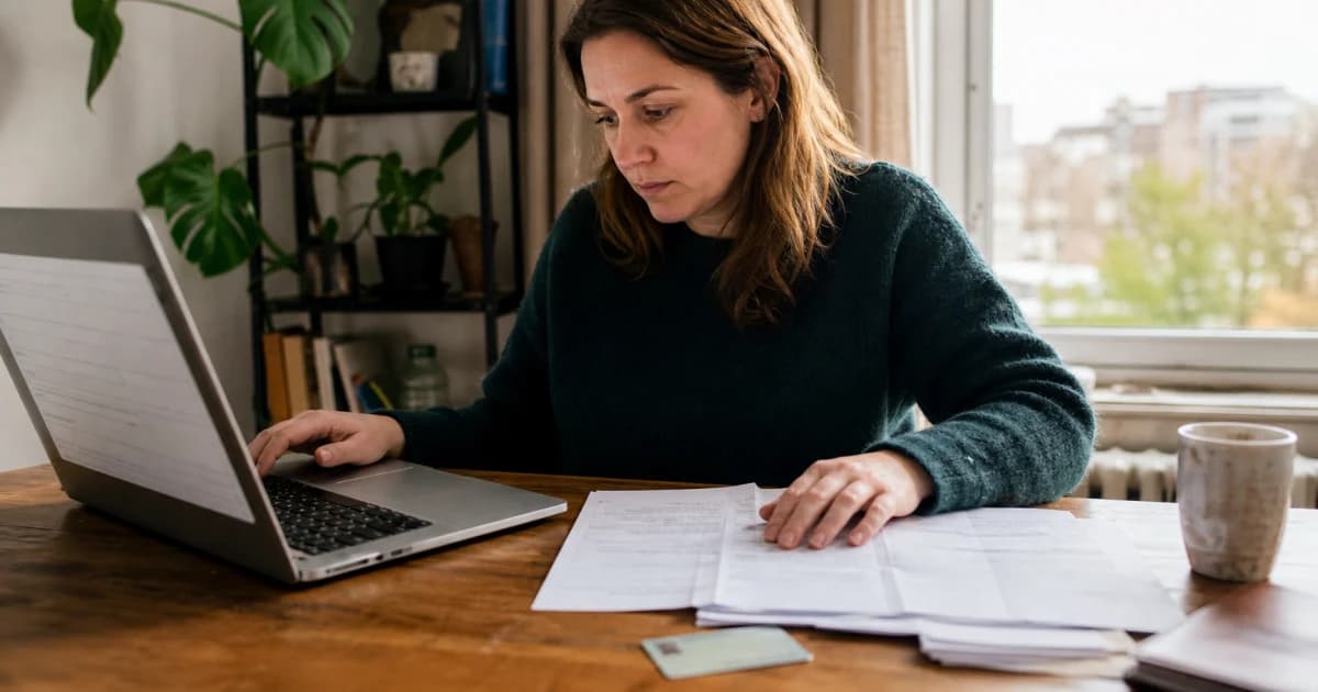 Een laatste loonstrook, arbeidscontract en laptop met een UWV-aanvraag naast een Nederlandse verblijfsvergunning