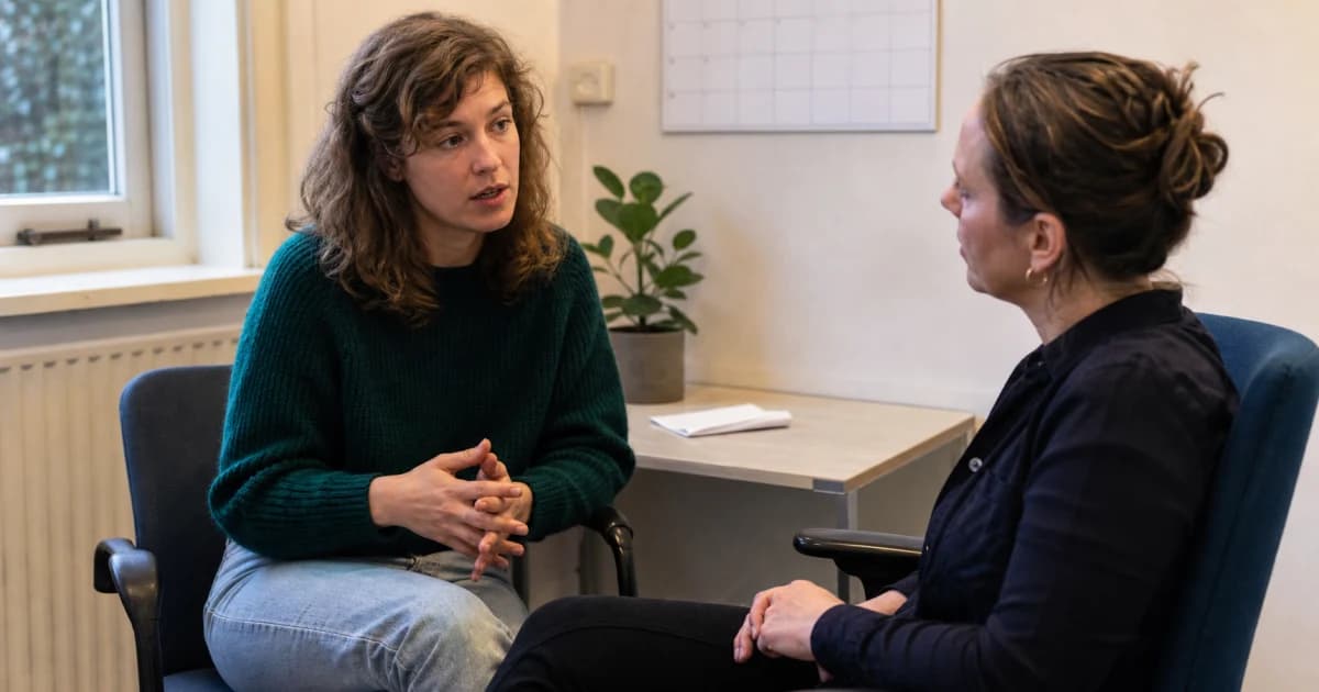 Een patiënt praat met een medewerker van de huisartspraktijk in een rustige spreekkamer, met een verwijsbrief en een kalender op het bureau