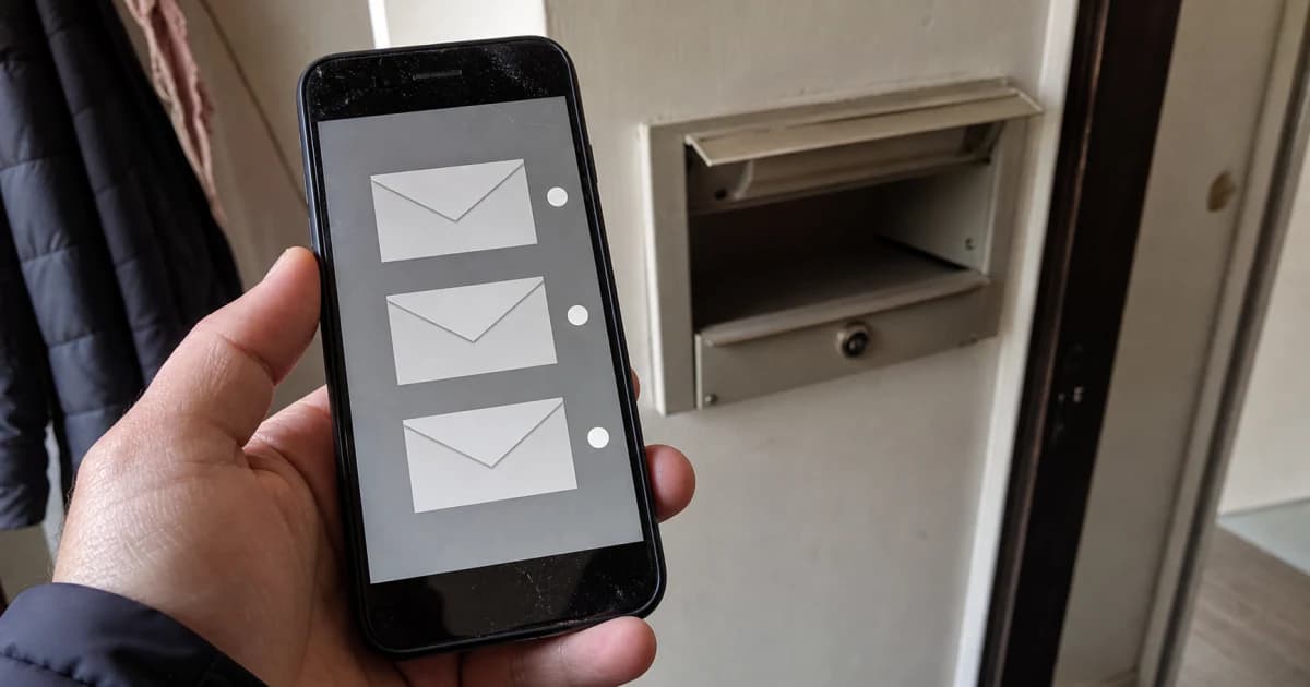 Een lege papieren brievenbus naast een telefoonscherm met een digitale berichtenbox met ongelezen overheidsberichten