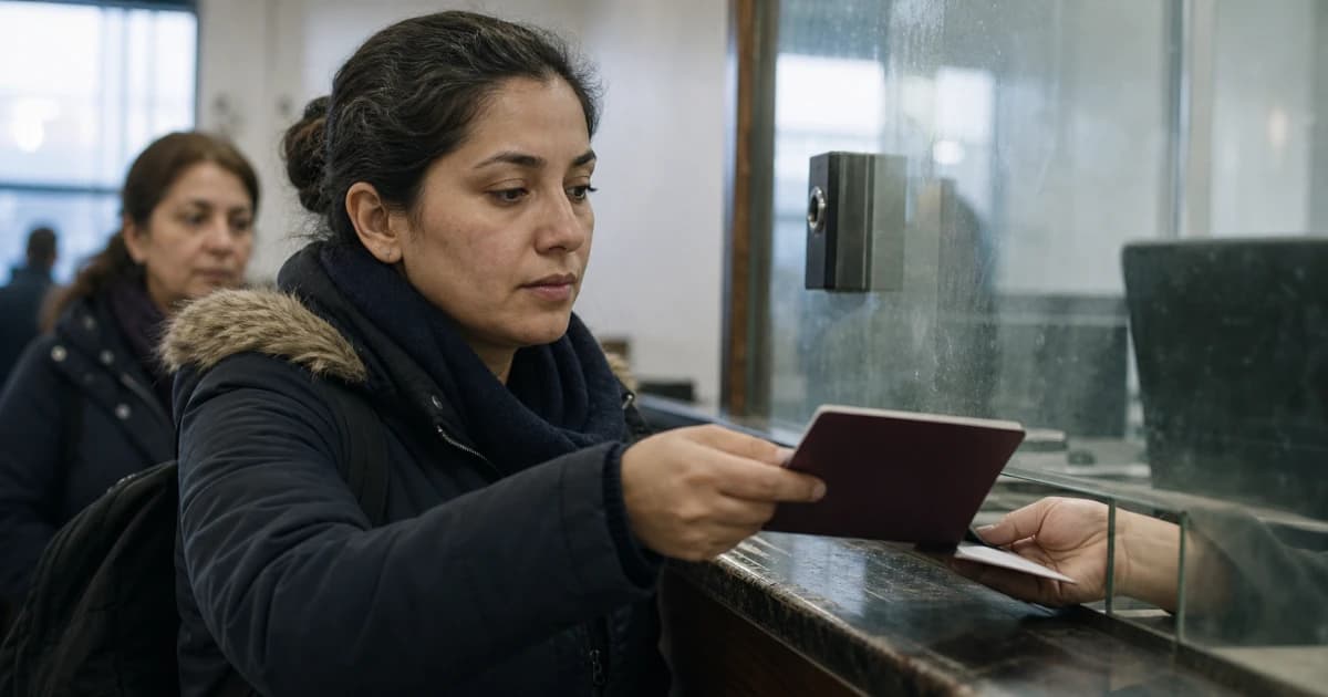 Twee mensen verbonden over een landkaart — een referent achter een bureau in Nederland en een aanvrager bij een ambassadeloket in het buitenland, met een visumsticker en een verblijfskaart ertussen