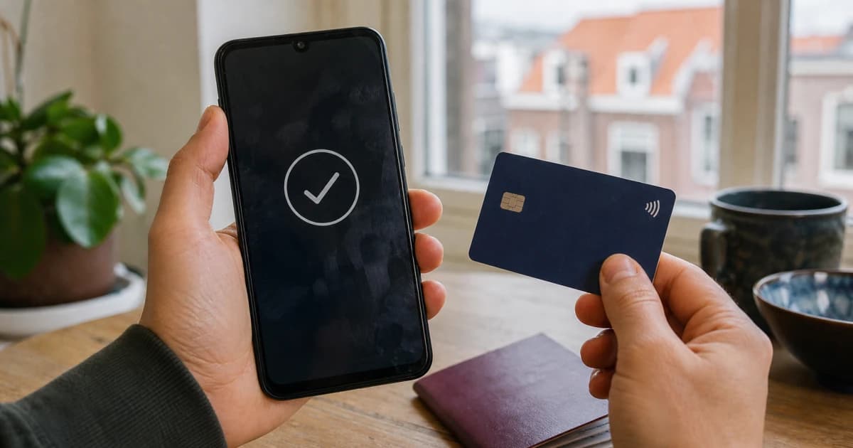 Een telefoon toont een pas geopende Nederlandse bankrekening, met een paspoort en betaalpas op tafel