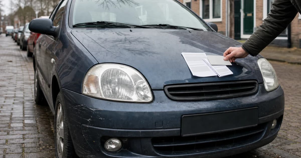 Een geparkeerde auto naast een Nederlandse kentekencard, verzekeringsbewijs en herinnering voor de APK