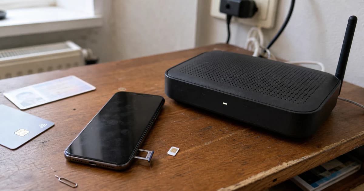Een smartphone met een nieuwe simkaart naast een internetrouter thuis, met een identiteitskaart en een bankpas op tafel