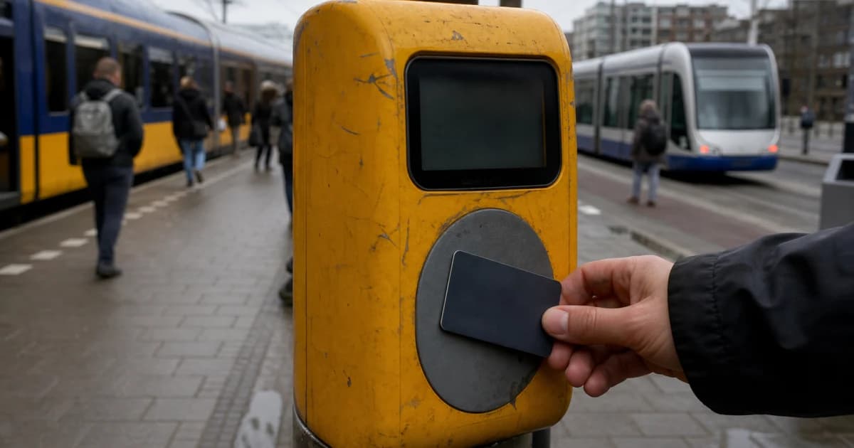 Een reiziger houdt een contactloze betaalpas tegen een gele ov-kaartlezer, met een trein en tram op de achtergrond