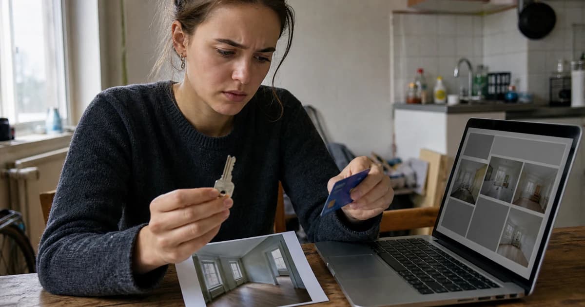 Een laptop met een huuradvertentie en waarschuwing, een tegengehouden bankpas en een vergrootglas boven een huissleutel