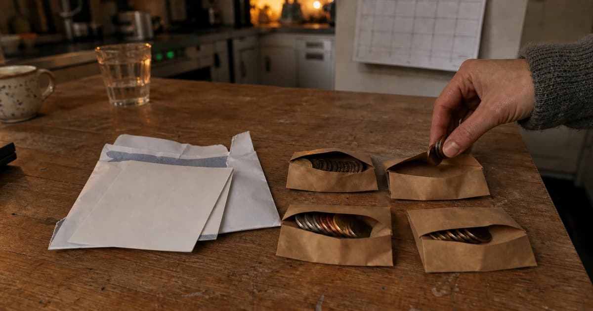 Een keukentafel met een rekenmachine, een officiële brief en vier stapels munten van verschillende hoogte, met op de achtergrond een wandkalender