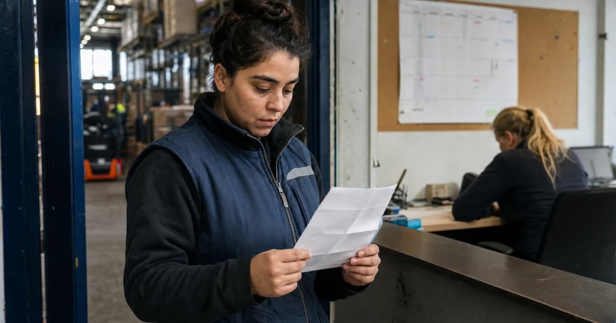 Een werknemer vergelijkt vóór de eerste dienst een uitzendcontract, werkrooster en huisvestingsovereenkomst