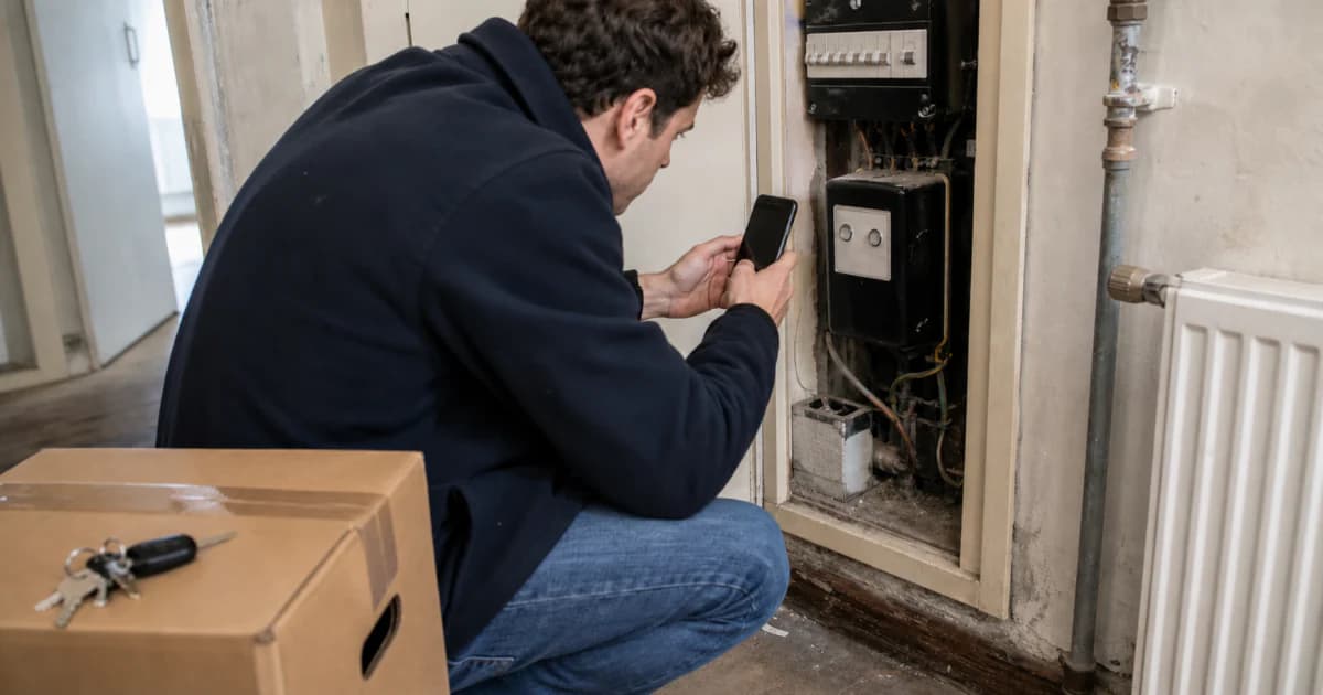 Iemand fotografeert een elektriciteitsmeter in een nieuwe woning, naast verhuisdozen, sleutels en een energierekening