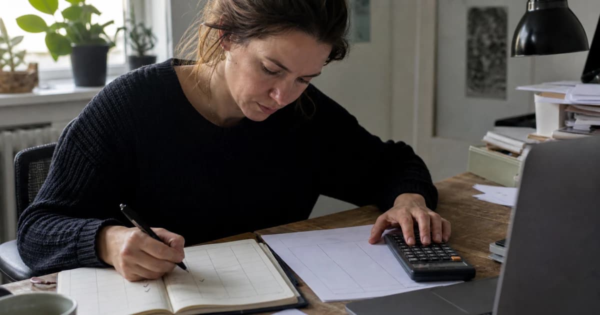 Een freelancer bekijkt aan een bureau een KVK-inschrijving, klantcontract, factuur en belastingkalender