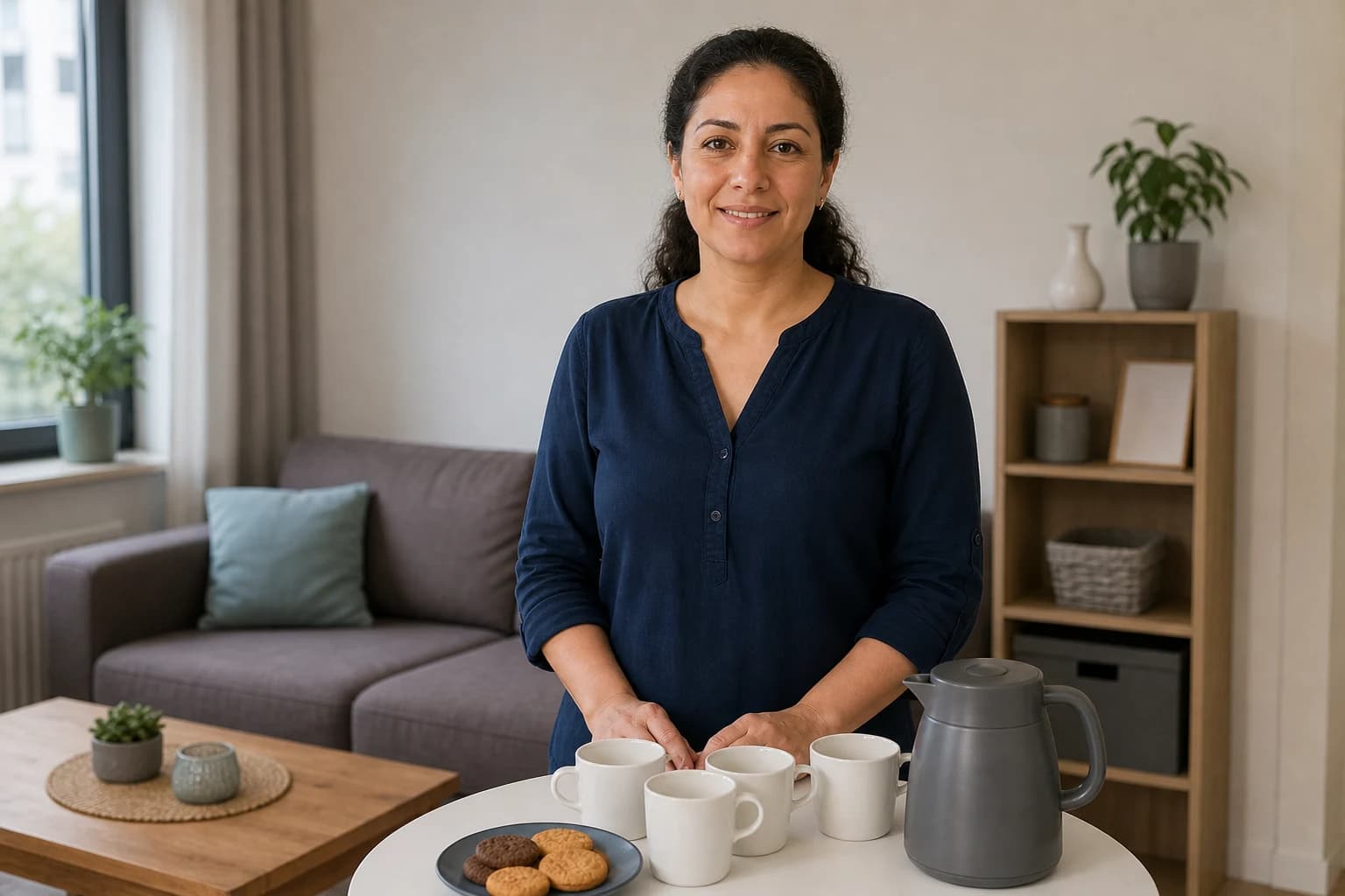A woman stands beside a table with tea and cookies.