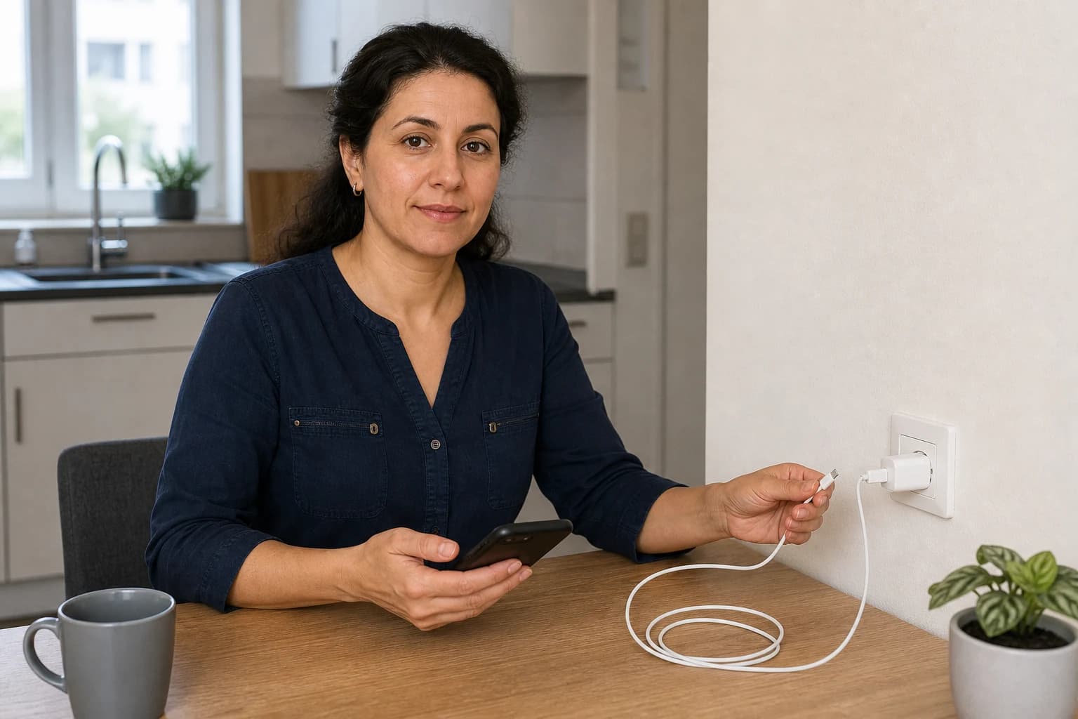 A woman sits at a table with a phone and charging cable.