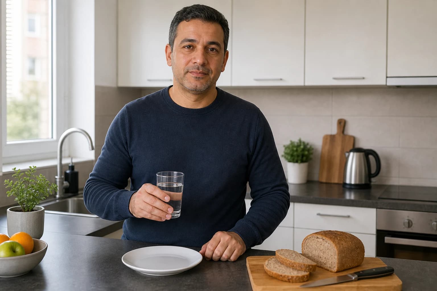 A man stands in a kitchen in the morning with water and bread.