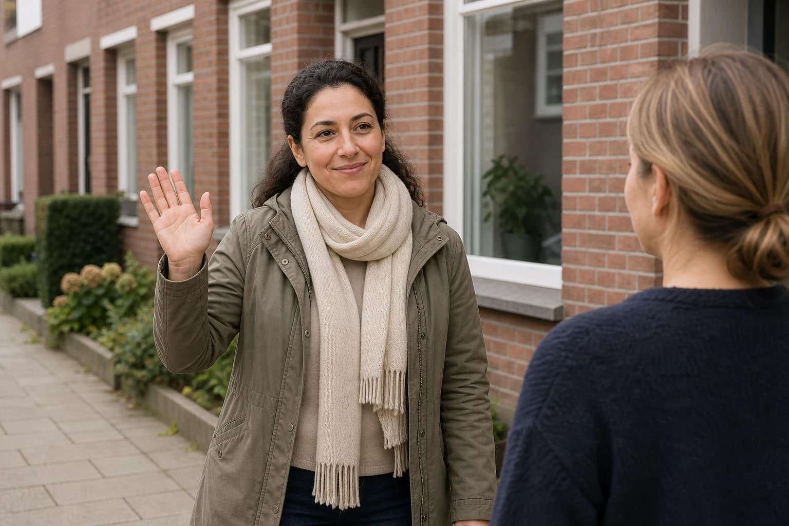 A woman waves to a neighbor outside an apartment building.