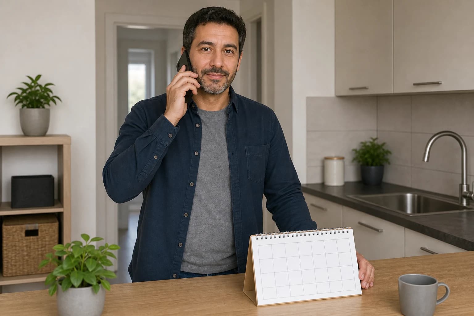 A man holds a phone and looks at a blank calendar card.