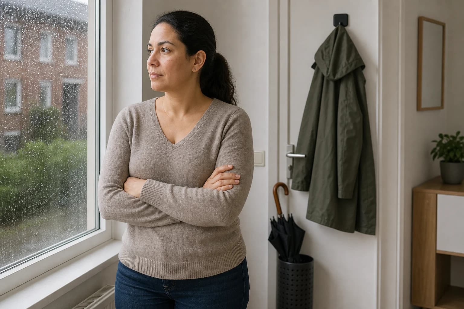 A woman stands by a rainy window with an umbrella near the door.