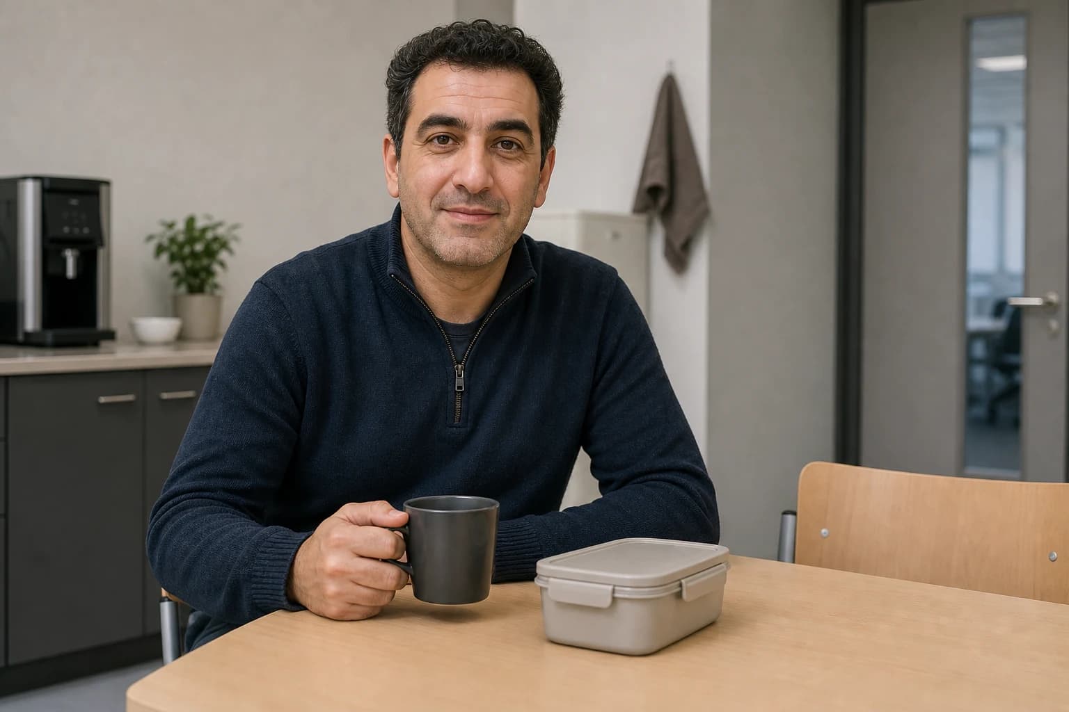 A man sits at a break table with a cup and lunchbox.