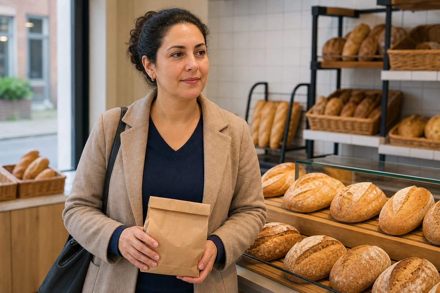 A woman stands near a bakery counter with bread.