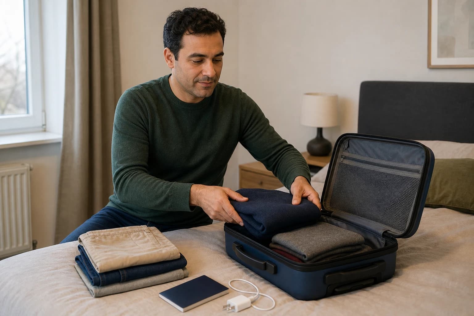 A man packs clothes and a charger in a small suitcase.