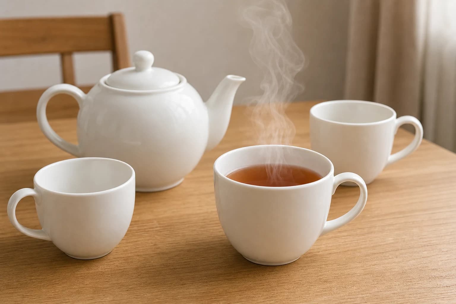 A steaming cup of tea stands on a table.