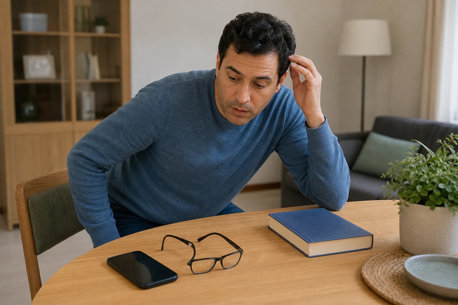 A man searches for his glasses on a table.