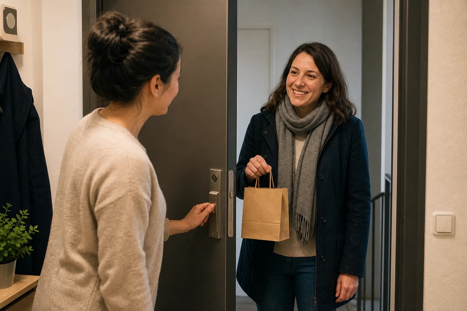 A woman opens the door for a friendly neighbor.