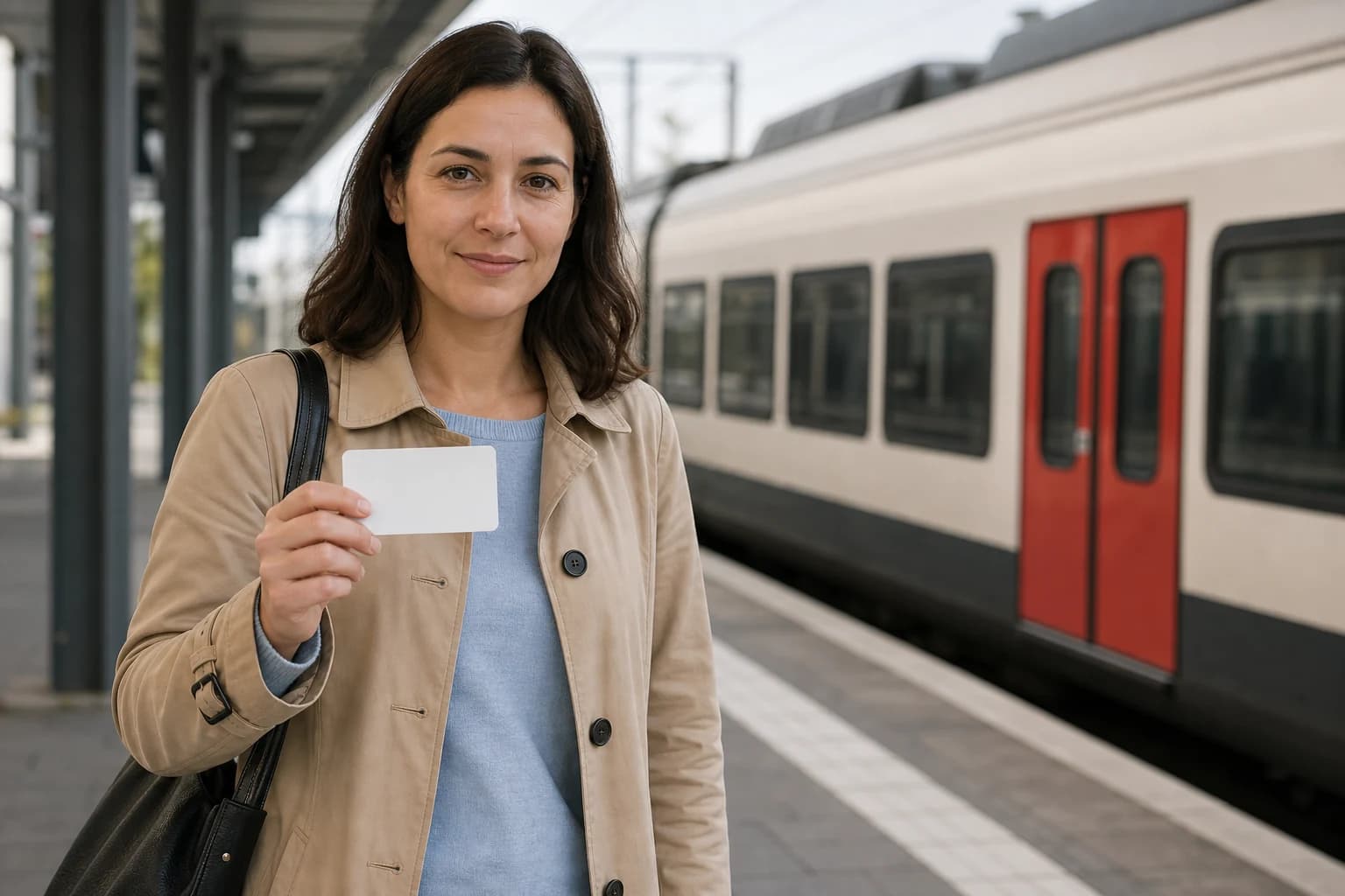 A woman holds a travel ticket on a train platform.