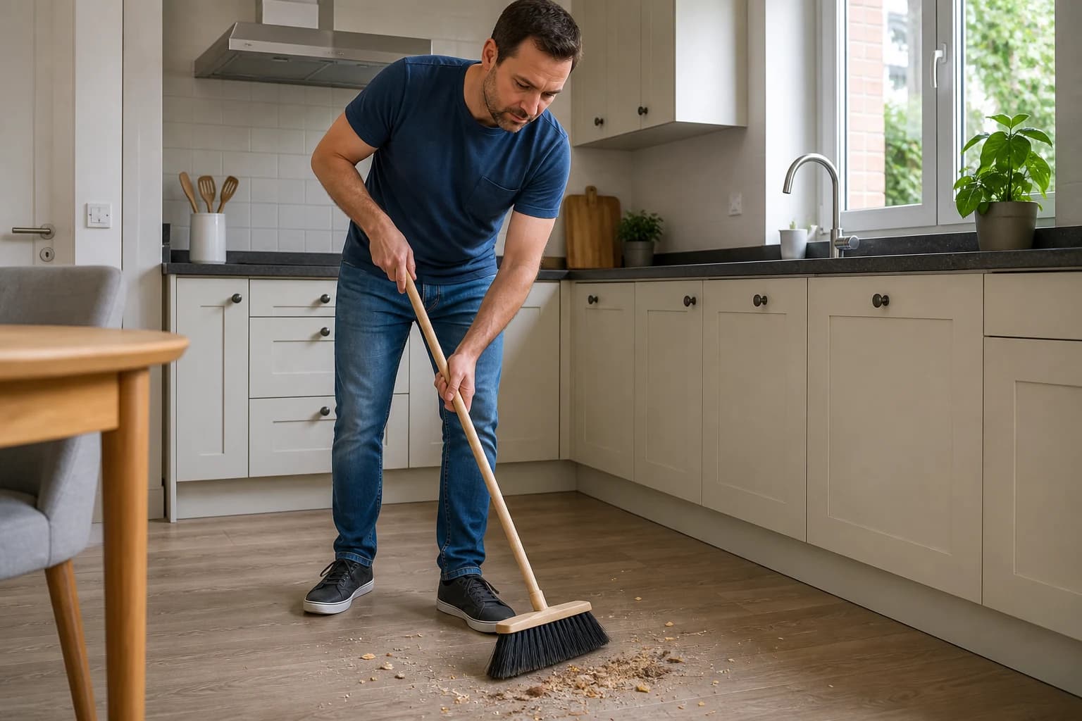 A man sweeps a dirty kitchen floor.