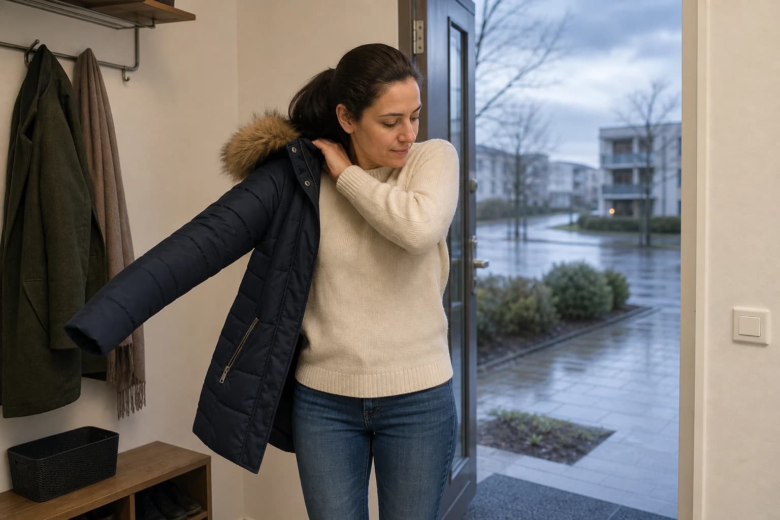 A woman puts on a coat near the door.