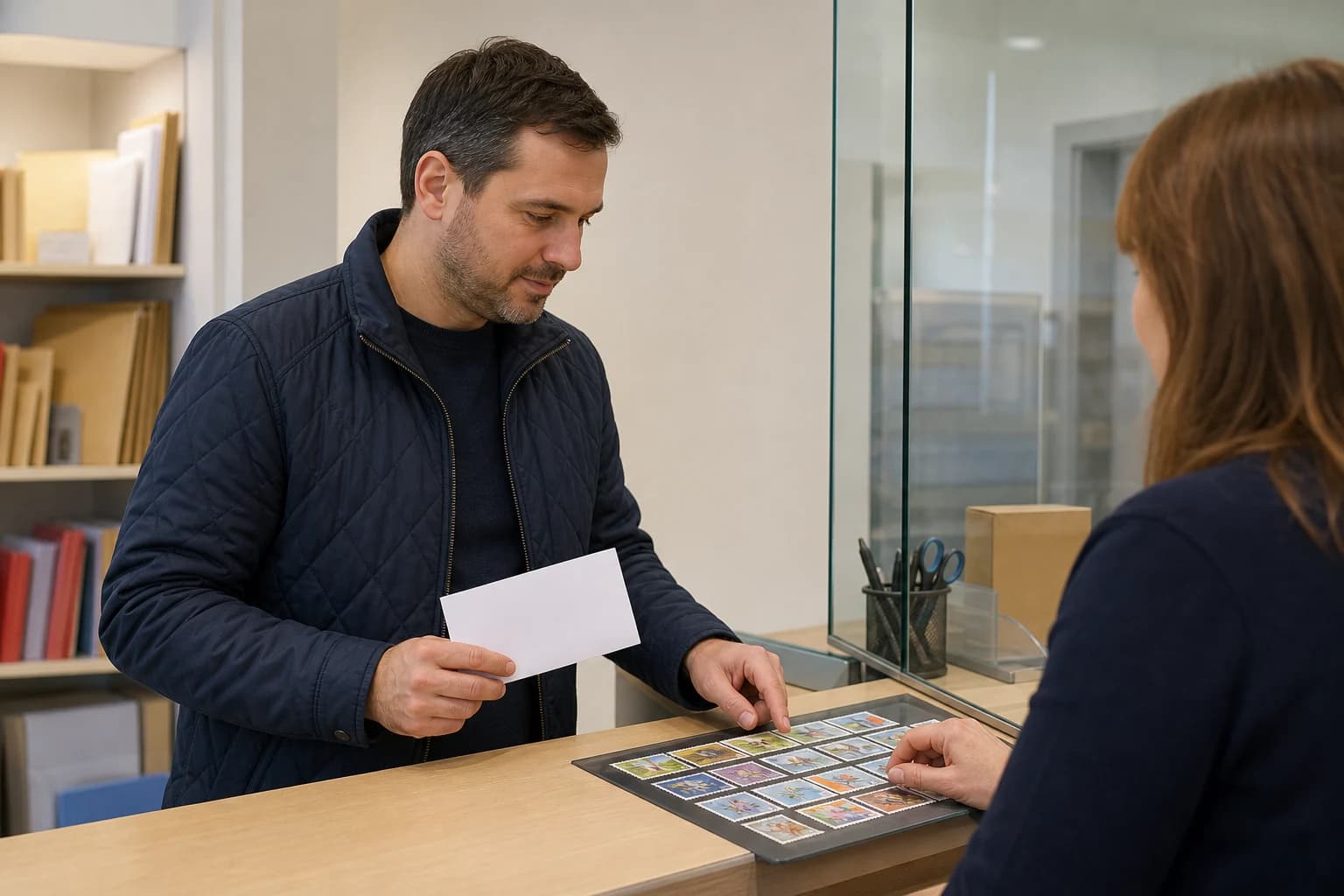 A man buys stamps while holding an envelope.