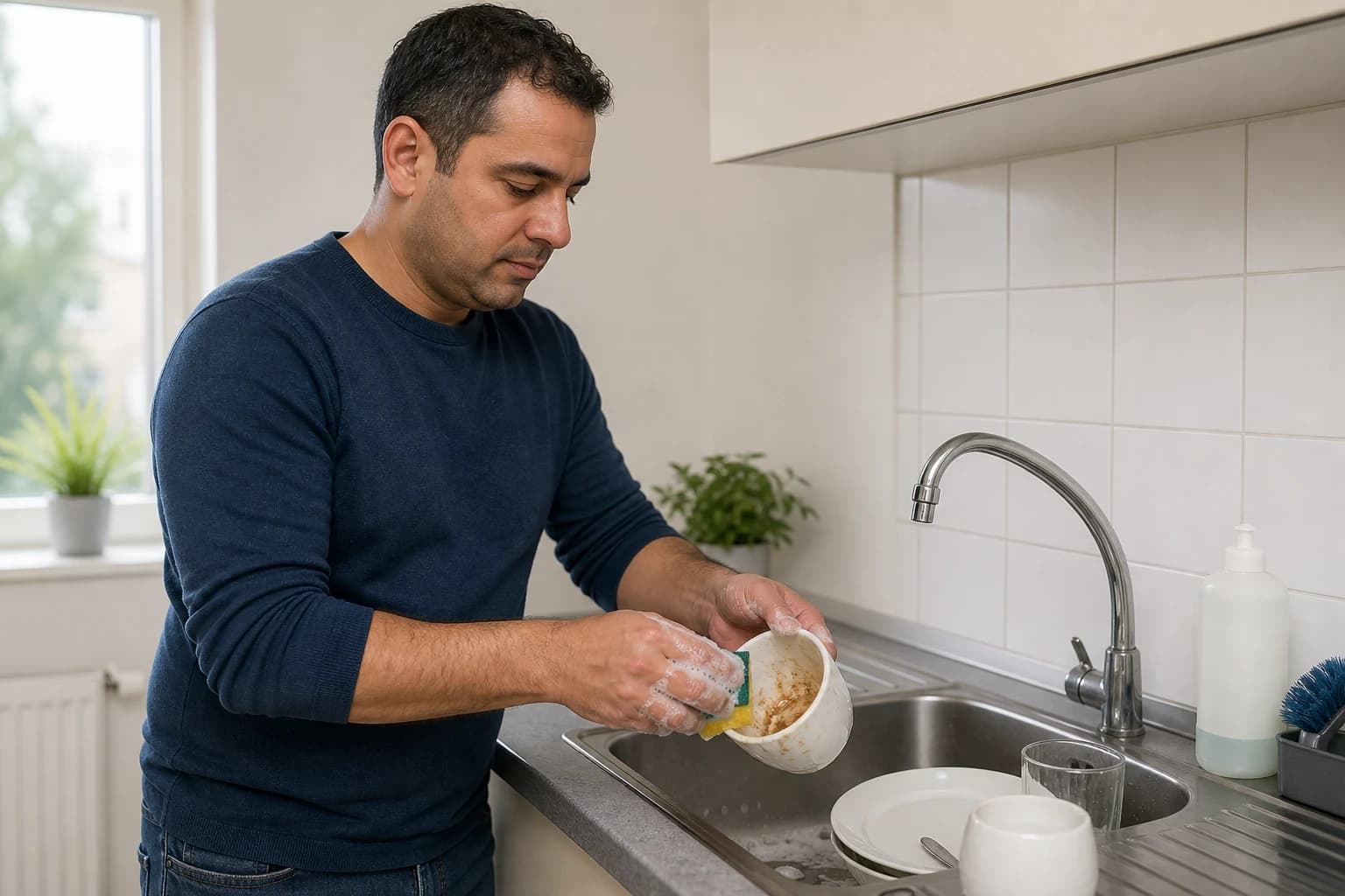 A man washes a cup at a kitchen sink.