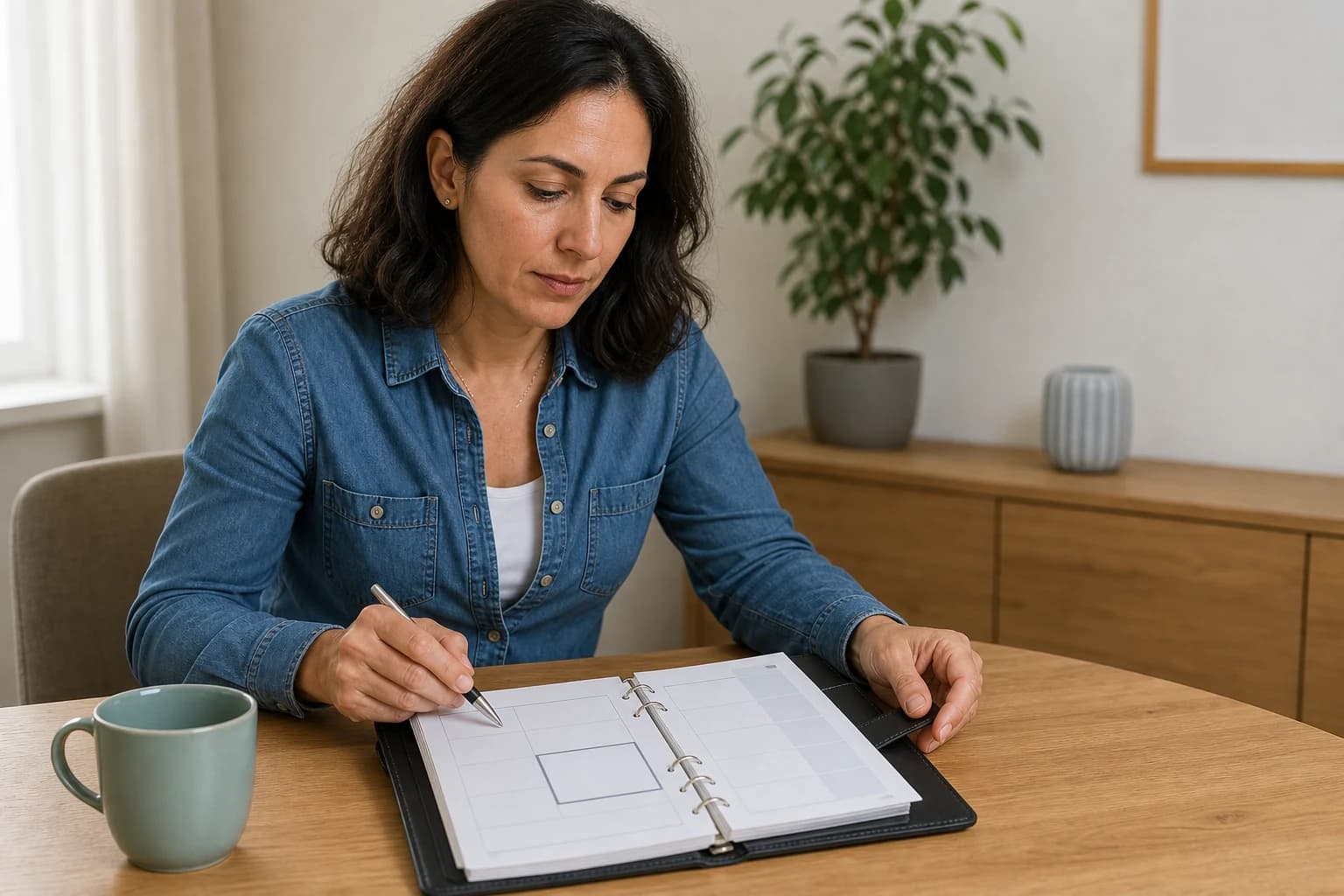 A woman looks at an agenda with a pen.