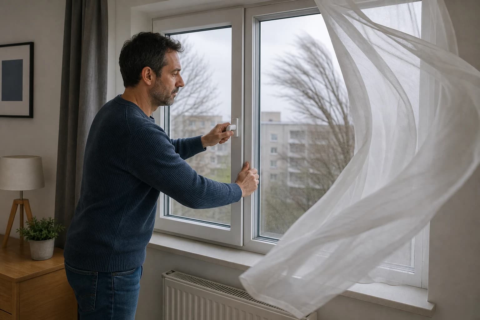 A man closes a window in a room.