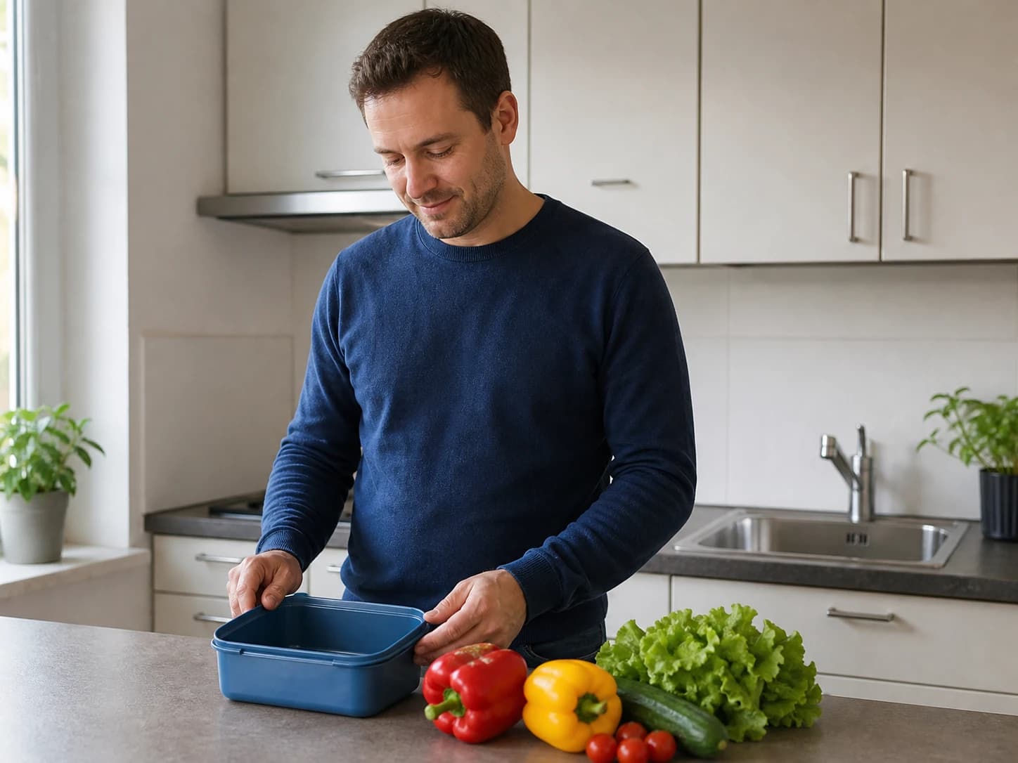 A man prepares food in a small kitchen with a lunchbox.