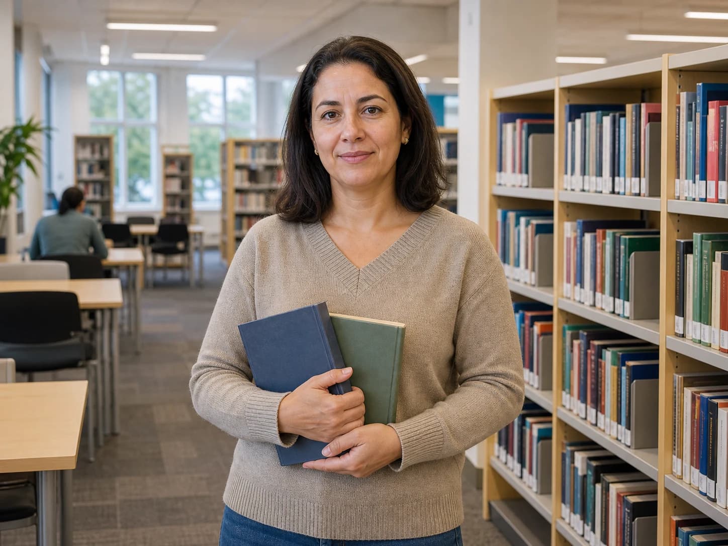 A woman stands in a library holding books.