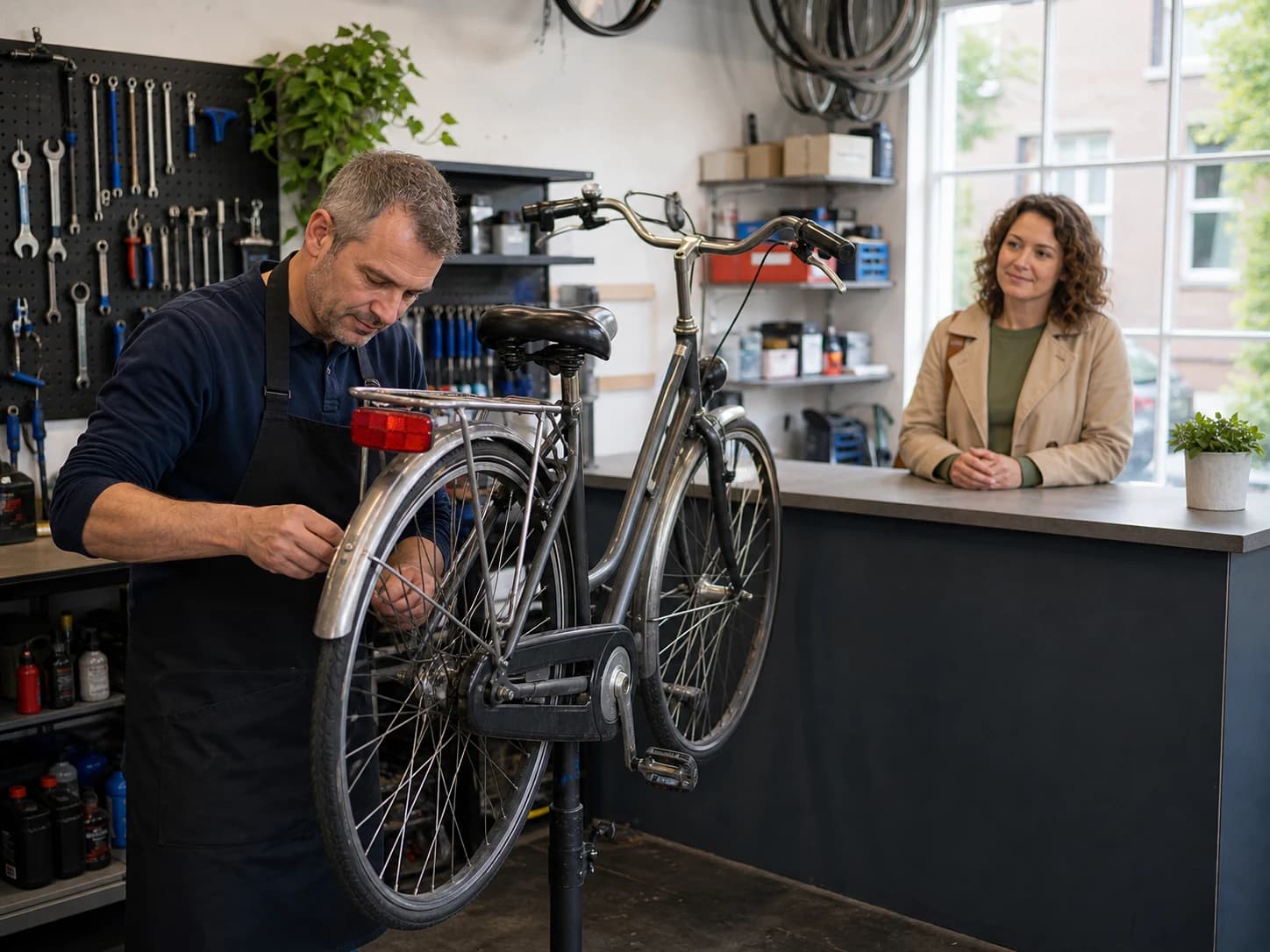 A bicycle mechanic repairs a customer's city bike.